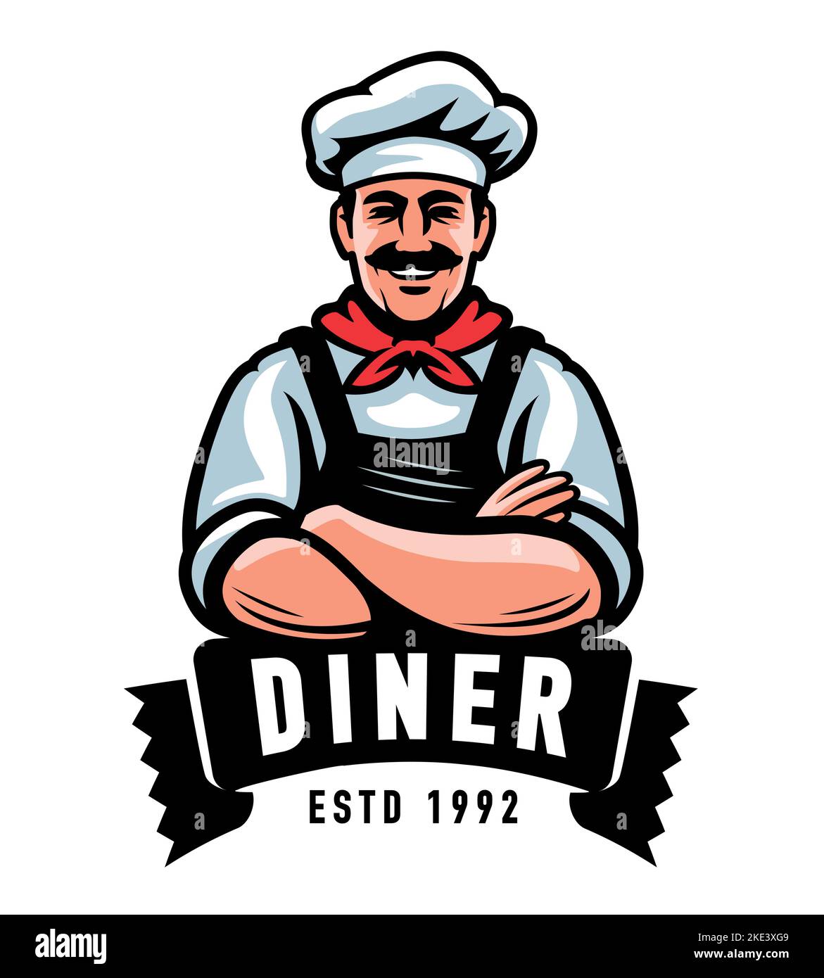 Diner emblem. Happy male chef in cook hat symbol or logo. Cooking, food preparation concept vector illustration Stock Vector