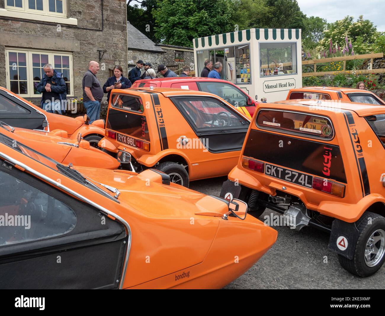 Bond Bug car meet at Monsal Head, Derbyshire, UK; car is a two seat, three wheeler built by Reliant in the 1970s Stock Photo