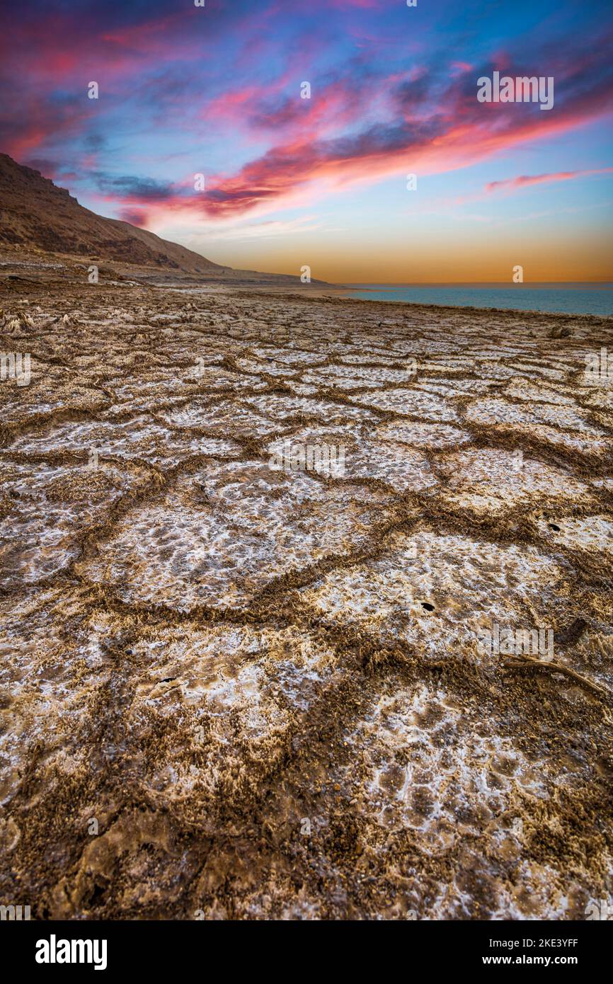 expanse of salt closeup in Jordan near the Dead Sea. Stock Photo