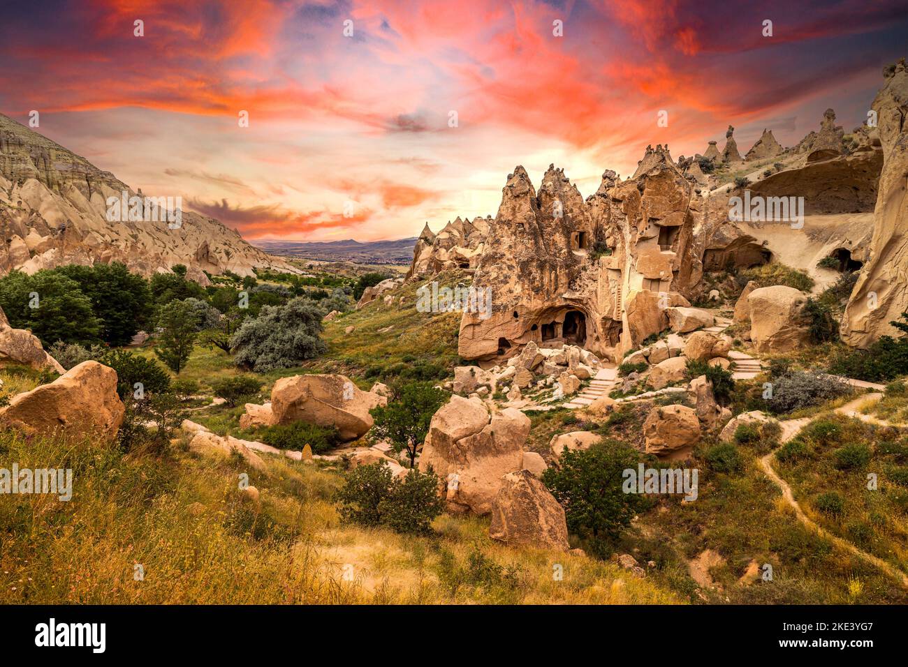 houses carved into the rock in Zelve. Turkey. Stock Photo