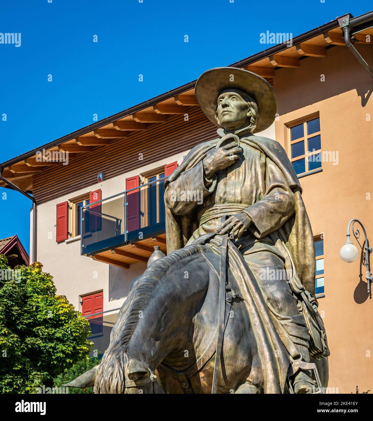 equestrian bronze statue of Eusebio Chini (Phater Kino) - 1645-1711. Segno,Predaia, Val di Non, Trento province,Trentino Alto Adige - Italy - septembe Stock Photo