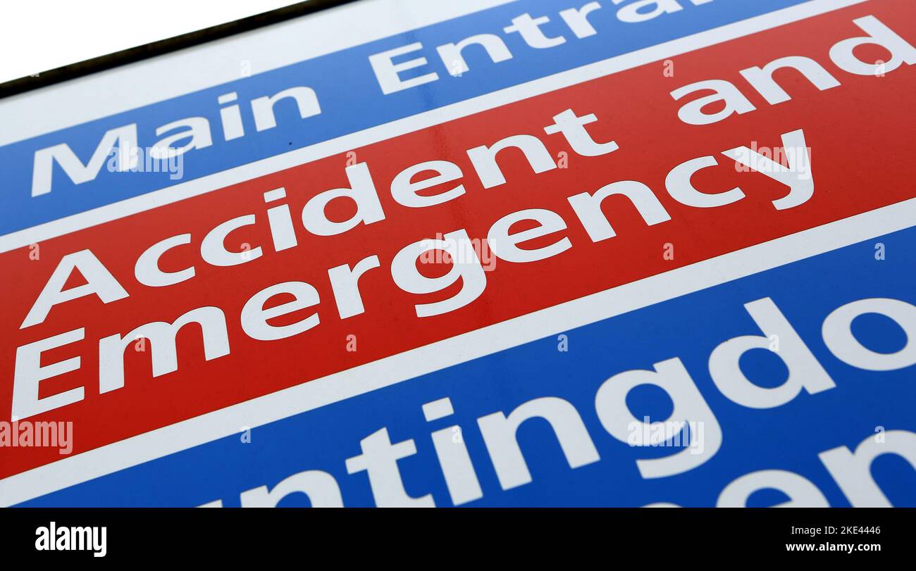 File photo dated 21/05/13 of an Accident and Emergency sign. The number of people waiting more than 12 hours in A&E departments in England from a decision to admit to actually being admitted has risen to a new record high. New NHS England data shows that 43,792 people waited longer than 12 hours in October, up 34% from 32,776 in September and the highest number in records going back to August 2010. Issue date: Thursday November 10, 2022. Stock Photo