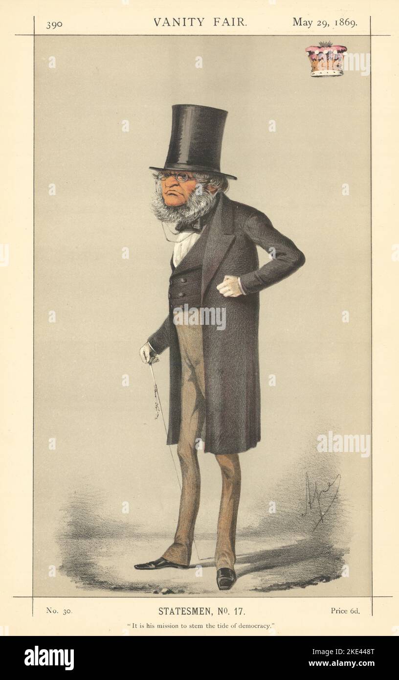 VANITY FAIR SPY CARTOON Earl of Derby 'It is his mission to stem the tide…' 1869 Stock Photo