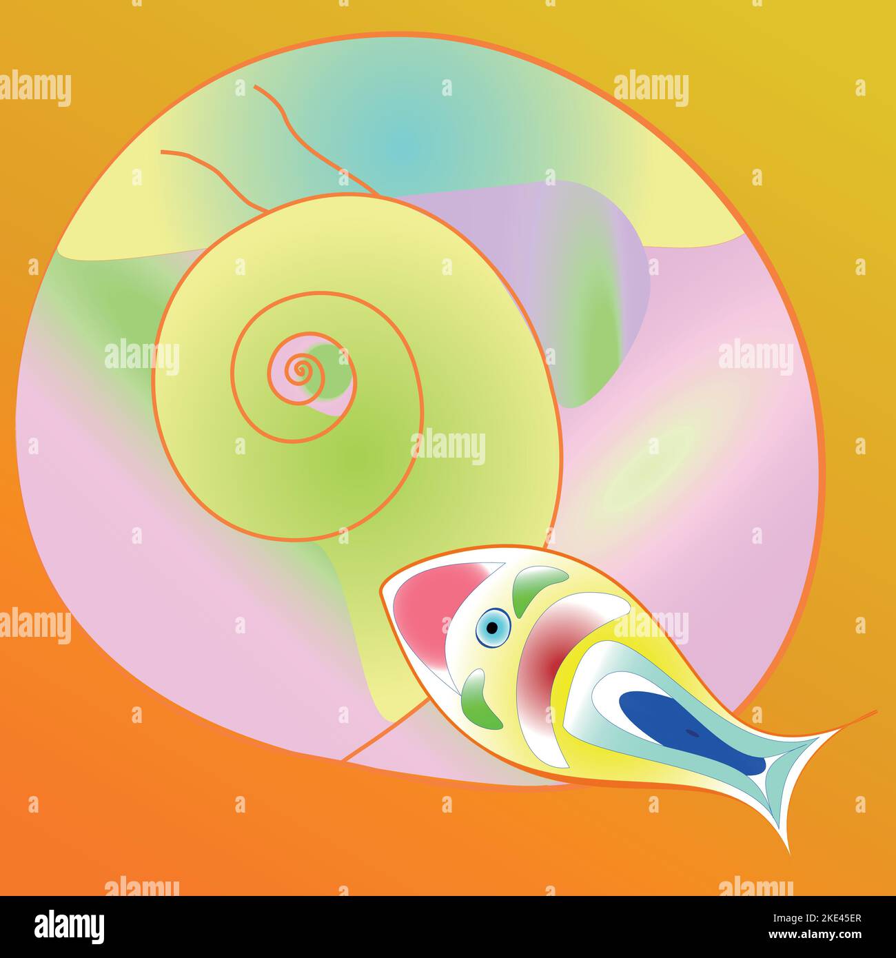 Original digital art illustration of a seashell and a fish. Color graphic design, contemporary