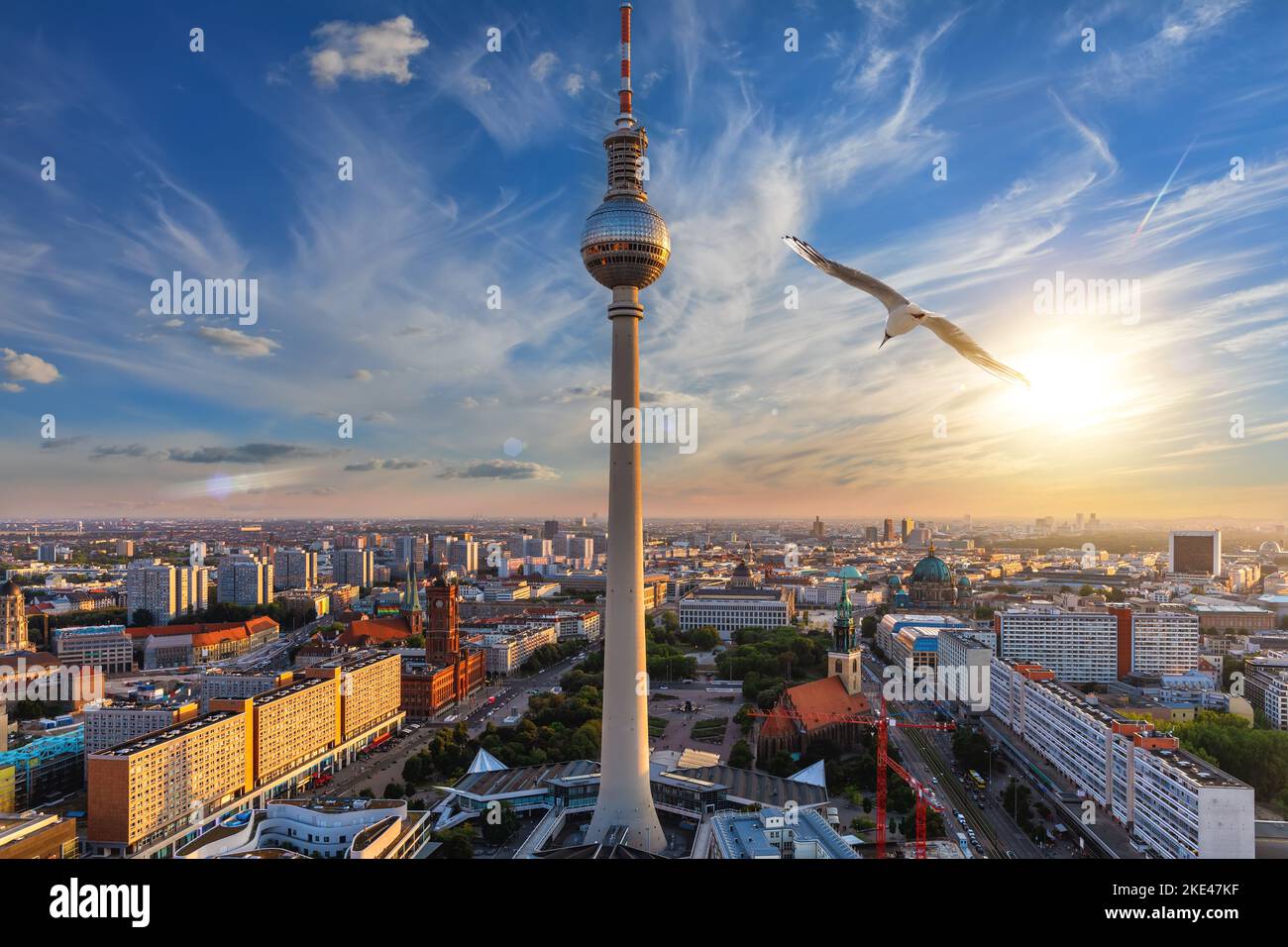 Aerial panorama of Berlin at sunset, downtown with the skyscrappers and ...