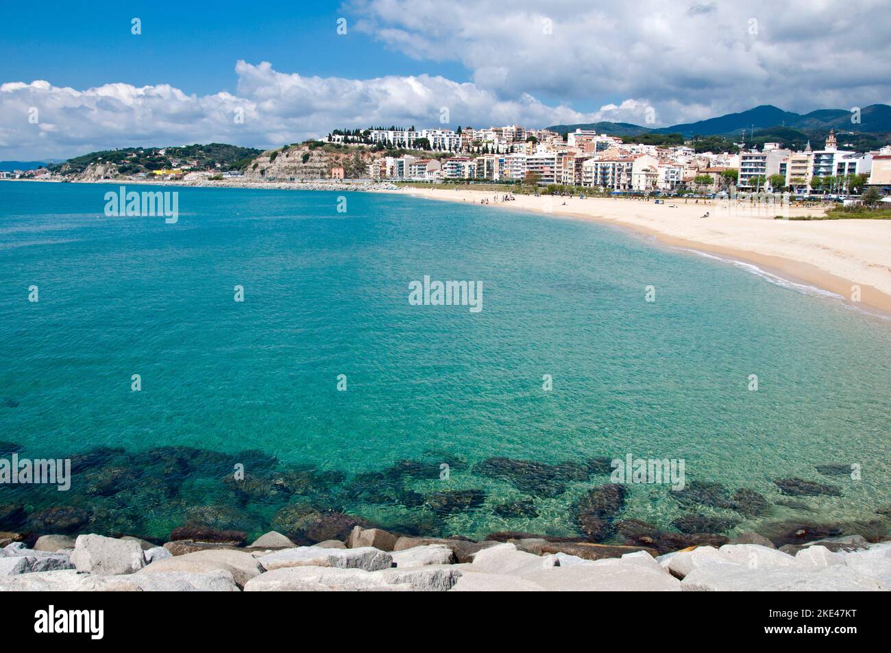 La Picòrdia bean in the morning in summer, Arenys de Mar, Maresme Coast, Barcelona, Spain Stock Photo