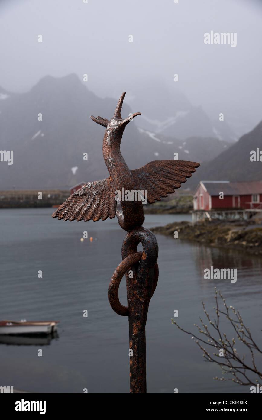 Blacksmith Tor-Vegard Mørkved is producing iron artwork in the tiny villige Sund on the Lofoten archipelago in Nordland county in Norway. Stock Photo