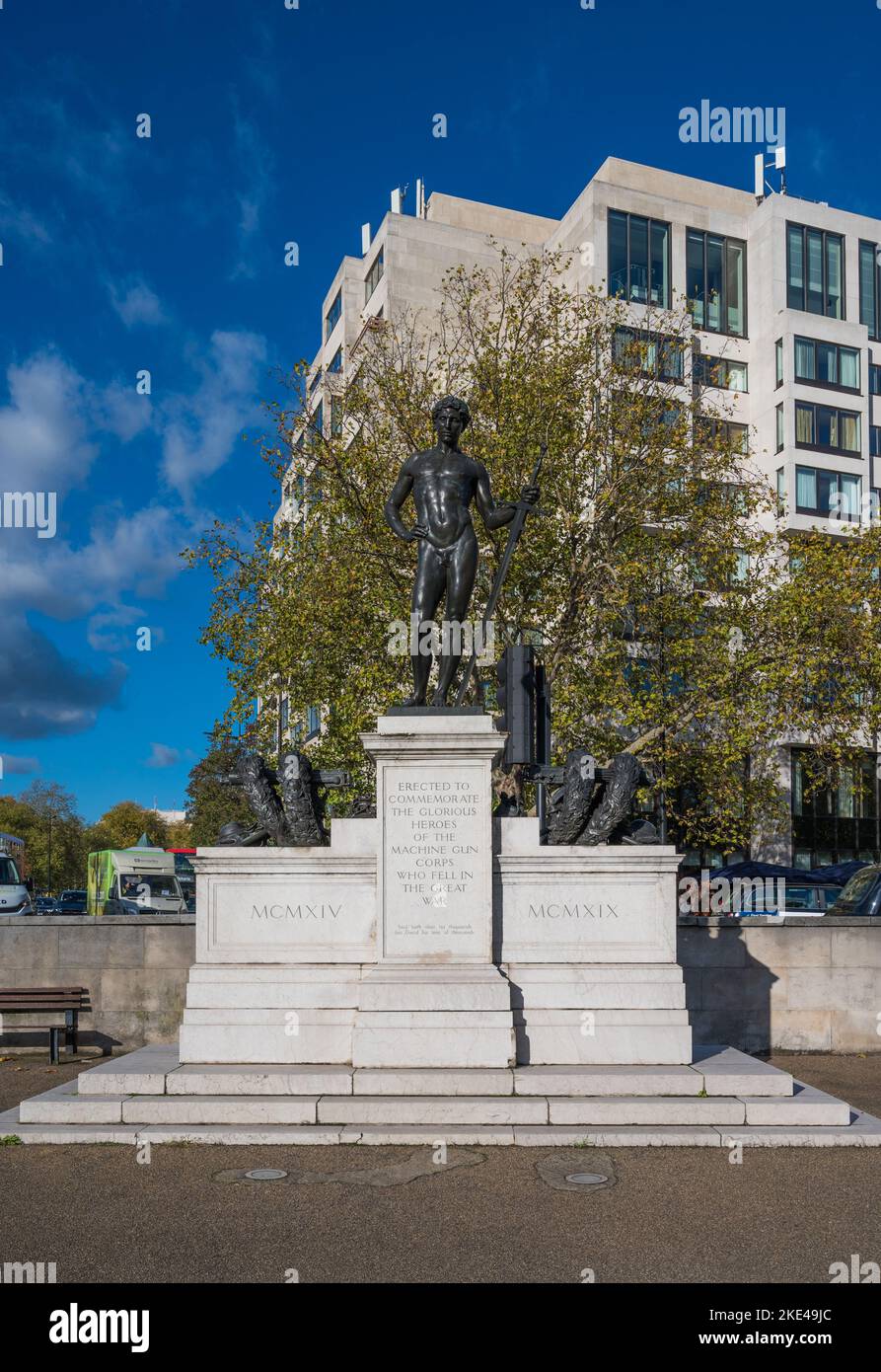 Machine Gun Corps Memorial, aka The Boy David, a First World War memorial statue by Francis Derwent Wood stands in Duke of Wellington Place, London Stock Photo