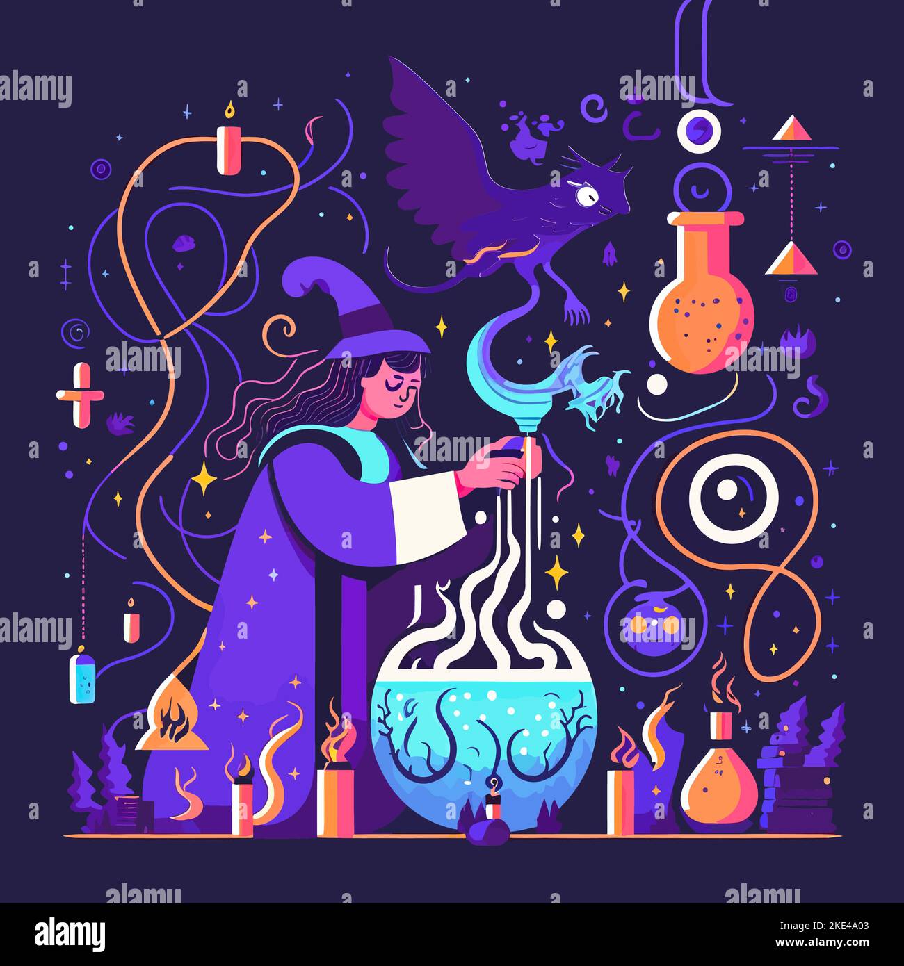 A colourful illustration of a young witch brewing a magic potion Stock