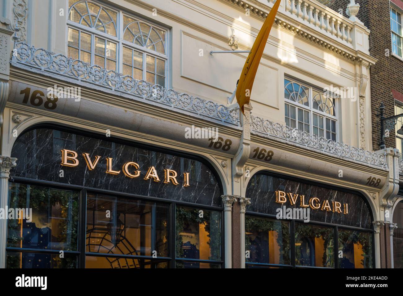 Shopfront marquee of the Bulgari store, retailer of high end Italian designer jewellery, watches and accessories. New Bond Street, Mayfair, London, UK Stock Photo