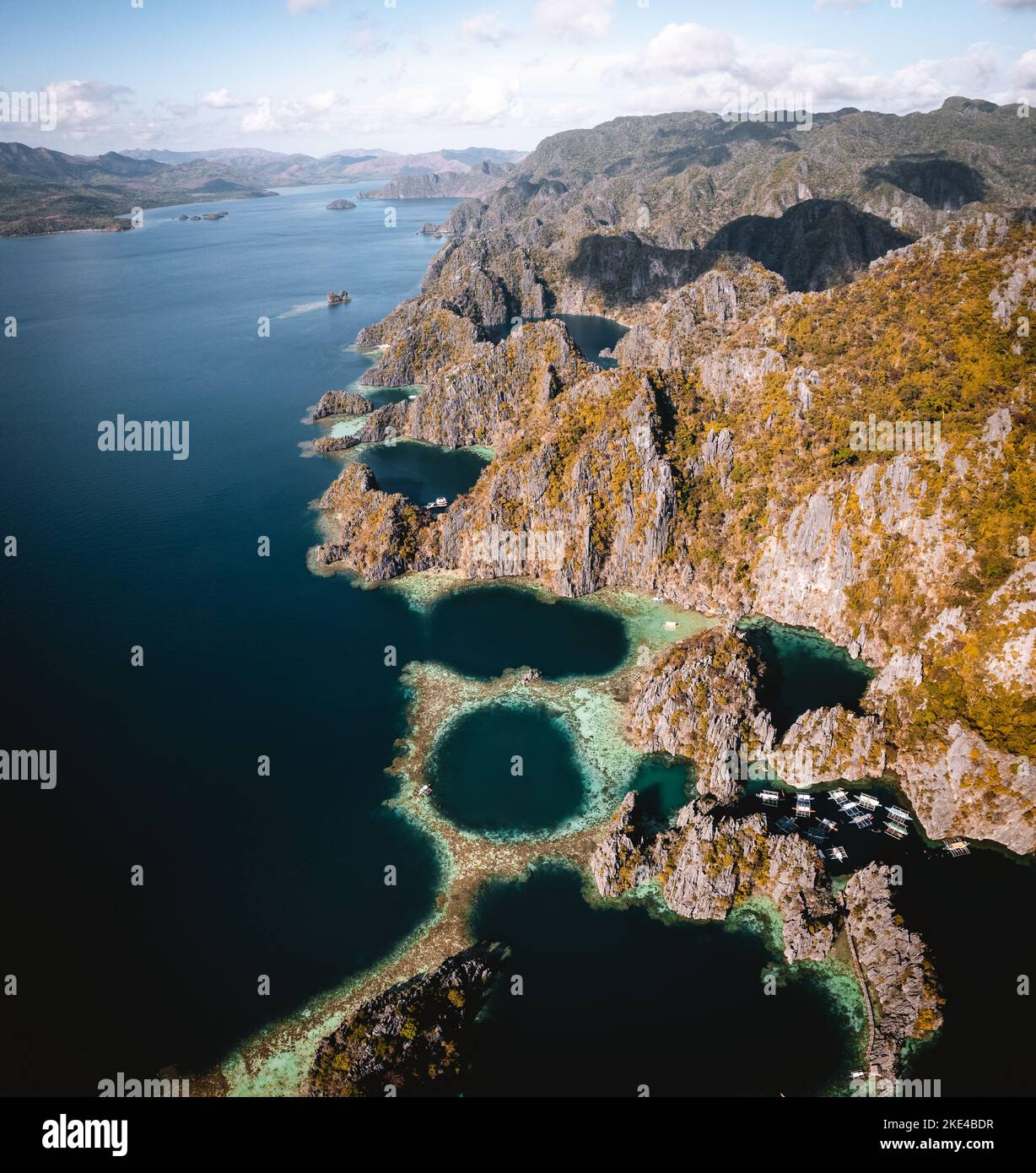 Aerial view of Twin Lagoon turquoise waters with a drone The Philippines Coron  Stock Photo