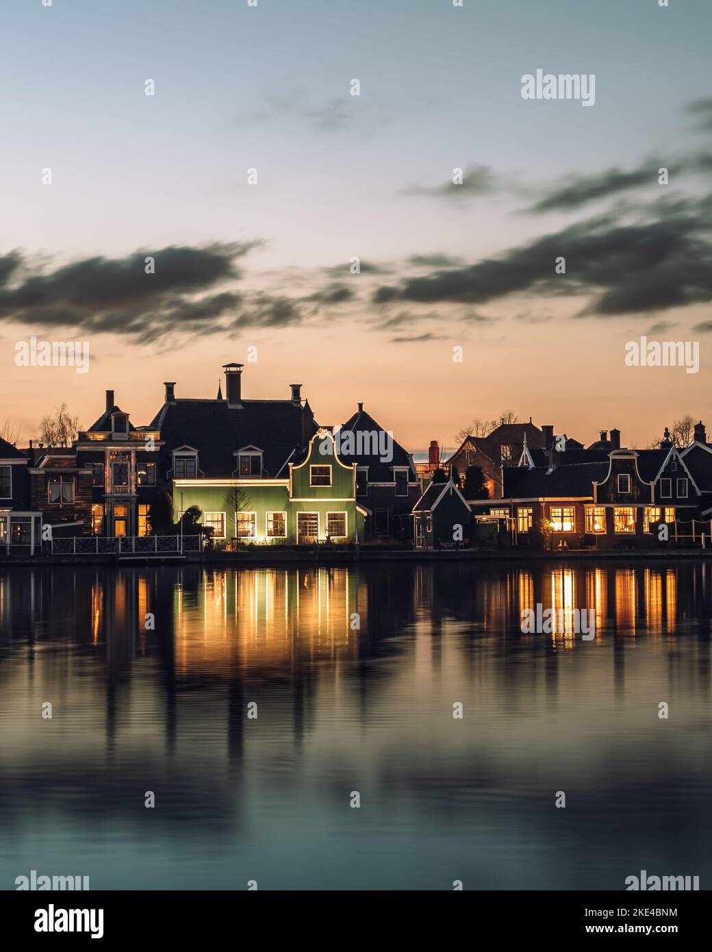 Windmills and Houses of Zaanse Schans in The Netherlands Amsterdam Sunset  Stock Photo