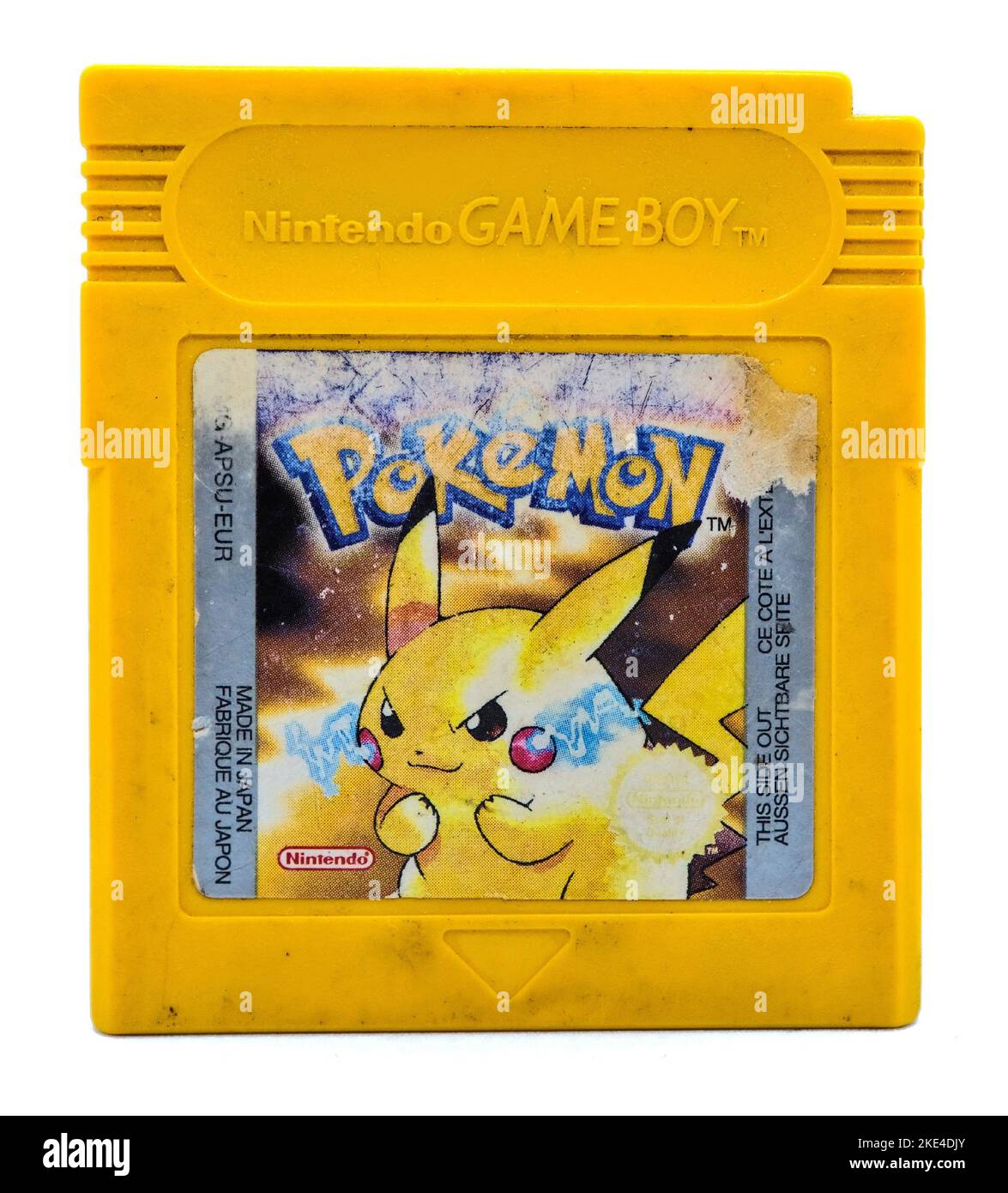A Pokemon yellow Version of Gameboy Color game chip on white background Stock Photo