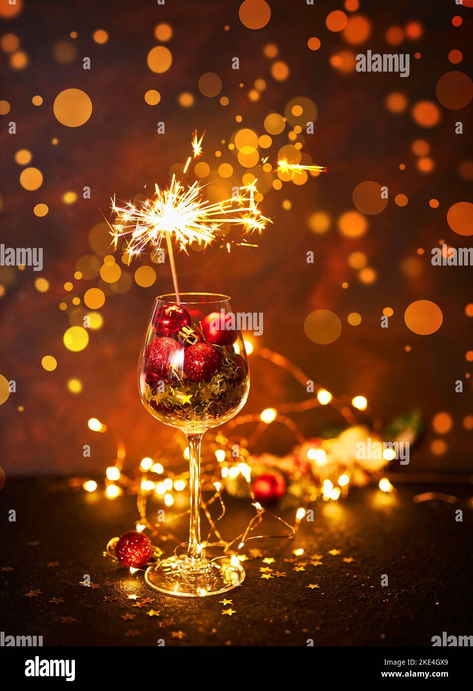 Happy New Year. Burning bengal firework in wine glass Stock Photo Alamy
