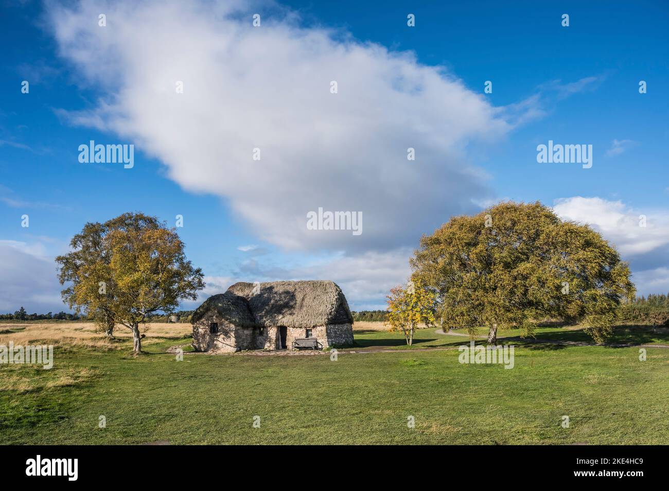 The image is of the Leanach crofters cottage on the Culloden Moor battlefield site near Inverness Stock Photo
