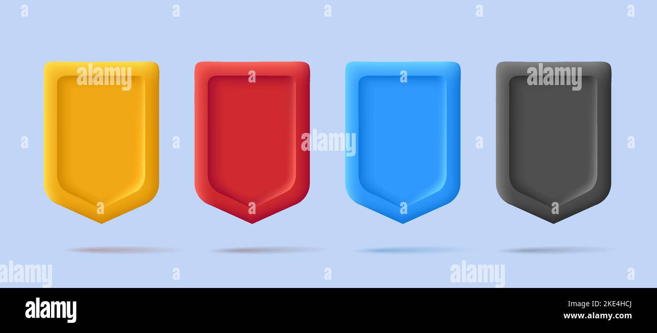 3d render shields icon, empty shape in different colors, render cartoon style Stock Vector