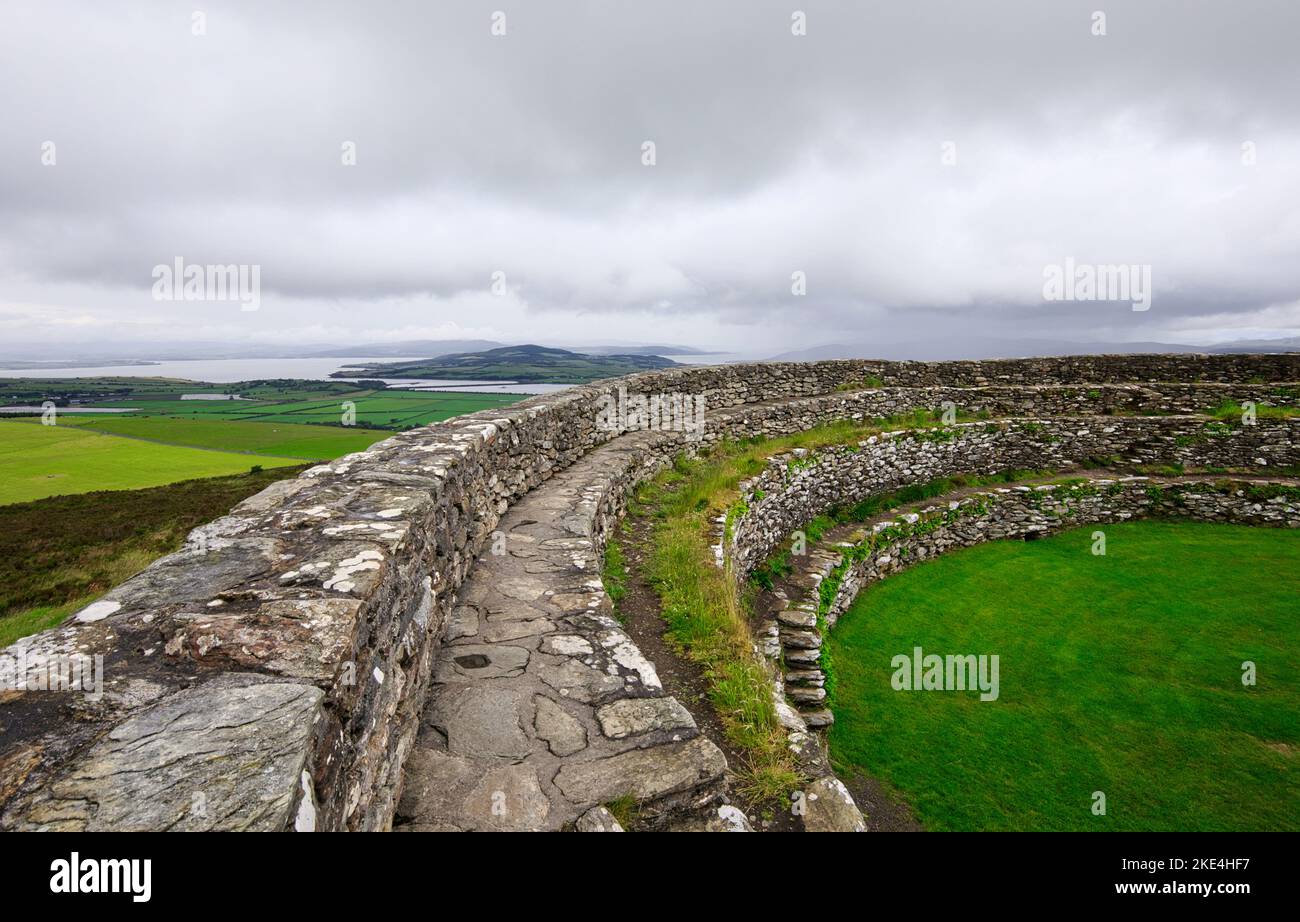 Ancient circular prehistoric Grianan of Aileach hilltop ring fort, Greenan Mountain, Inishowen Peninsula, County Donegal, Ireland Stock Photo