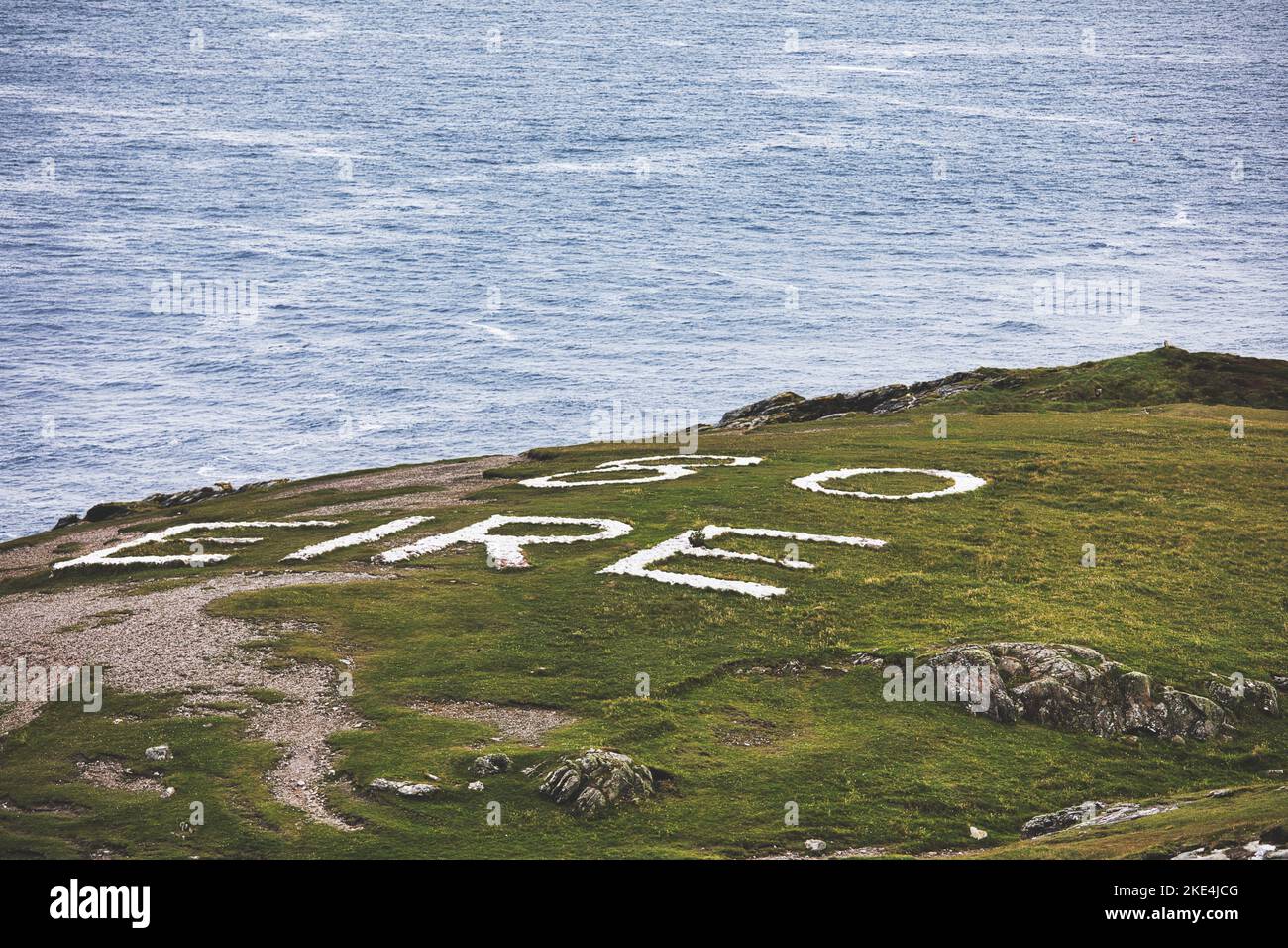 Eire 80 sign on the headland at Malin Head, Inishowen Peninsula, County Donegal, Republic of Ireland Stock Photo