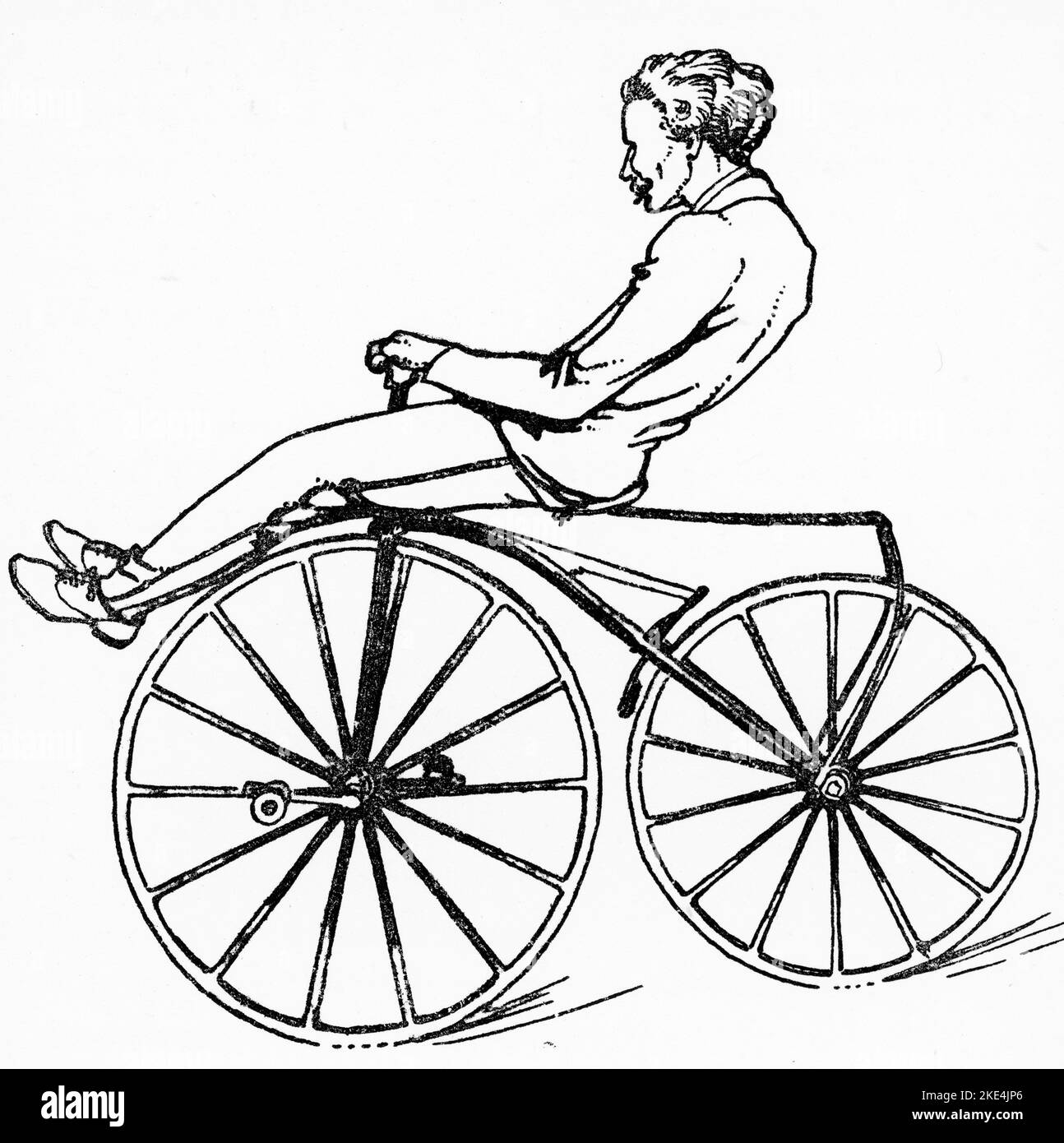 A Boneshaker of 1869 (1942). A Boneshaker (or bone-shaker) is a name used from about 1869 up to the present time to refer to the first type of true bicycle with pedals, which was called velocipede by its manufacturers. 'Boneshaker' refers to the extremely uncomfortable ride, which was caused by the stiff wrought-iron frame and wooden wheels surrounded by tires made of iron. Stock Photo