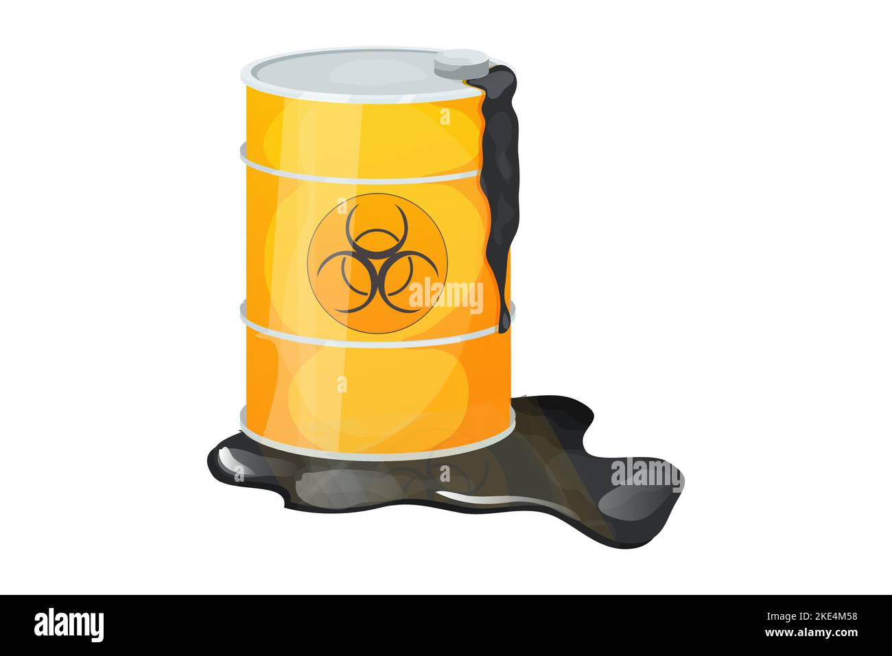 Metal barrel toxic, dangerous sign with liquid around, waste, pollution in cartoon style