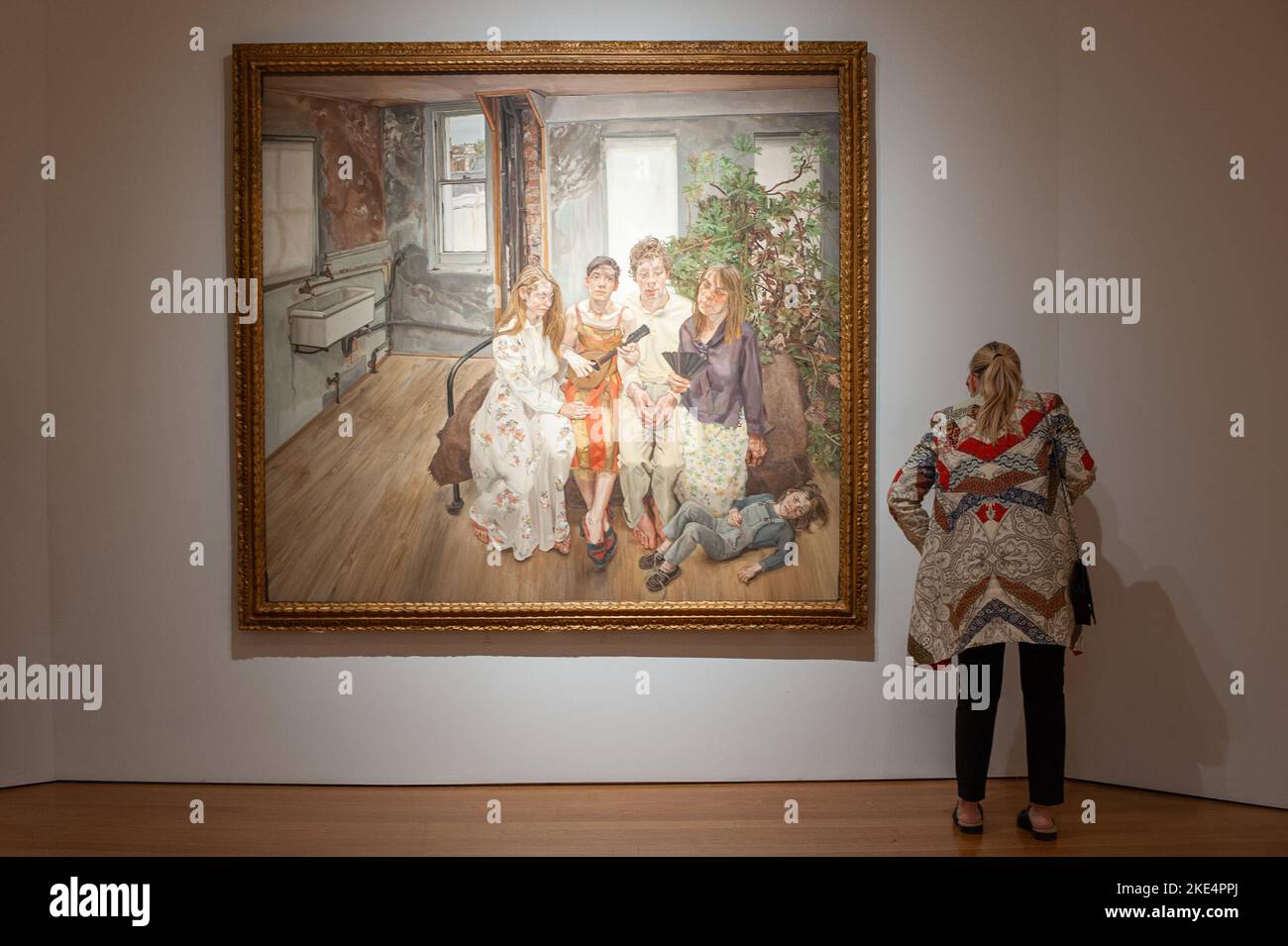 On Nov. 9, 2022 this lot item sold for $86 million. Lucian Freud (1922-2011) Large Interior, W11 (after Watteau) oil on canvas 72¼ x 78 in. (185.4 x 198.1 cm.) Painted in 1981-1983 on the wall at Visionary: The Paul G. Allen Collection presented at Christie's New York Galleries in Rockefeller Center in New York, NY on Nov. 8, 2022. The auction is set to take place Nov 9-10, 2022 and it has been valued in excess of $1 billion. The collection of philanthropist Paul G. Allen, co-founder of Microsoft, includes more than 150 masterpieces spanning 500 years of art history. All proceeds will go to ph Stock Photo