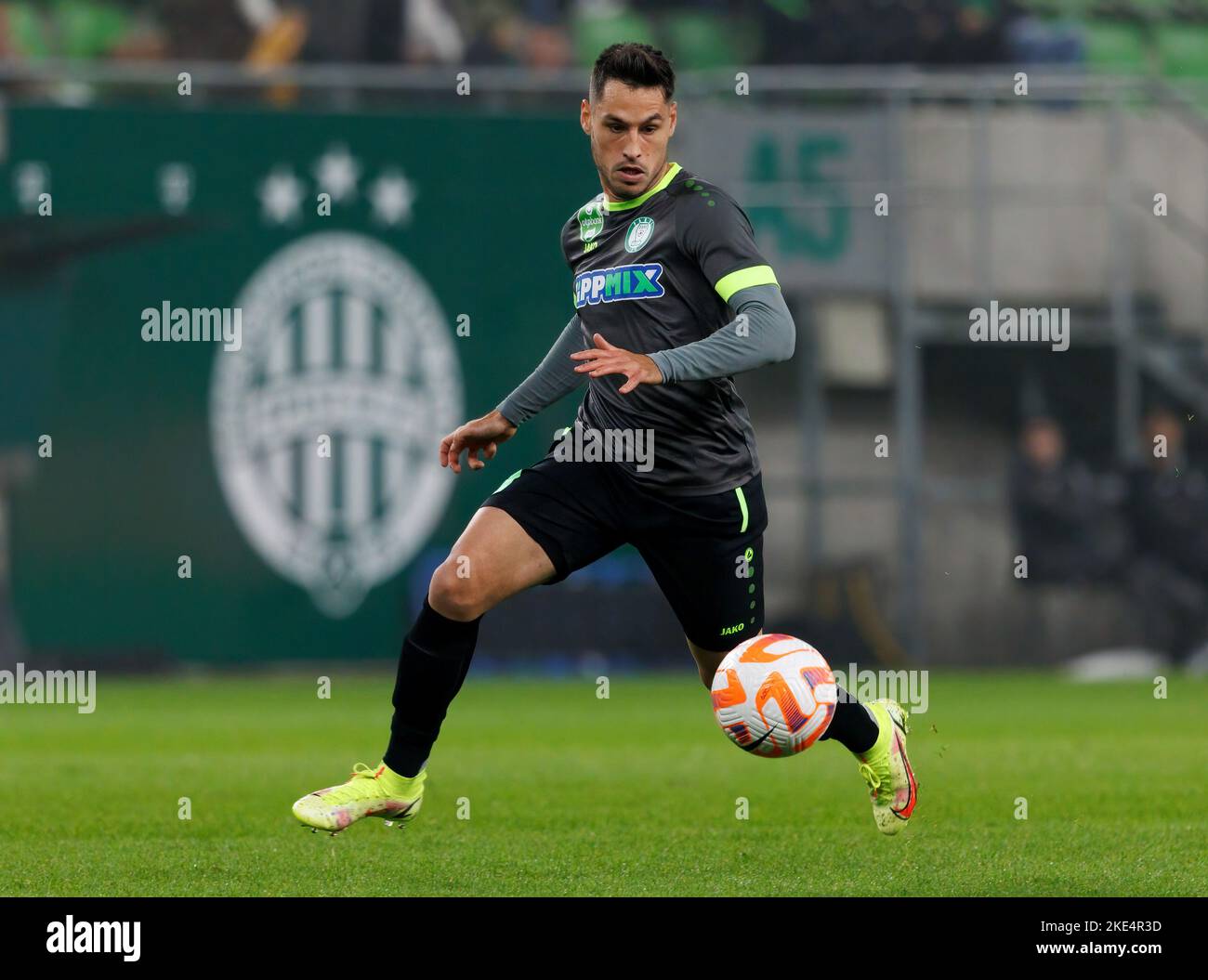 Budapest, Hungary. 2 September 2018. (l-r) Lukacs Bole of Ferencvarosi TC  covers the ball from Boban Nikolov of MOL Vidi FC during the Hungarian OTP  Bank Liga match between Ferencvarosi TC and