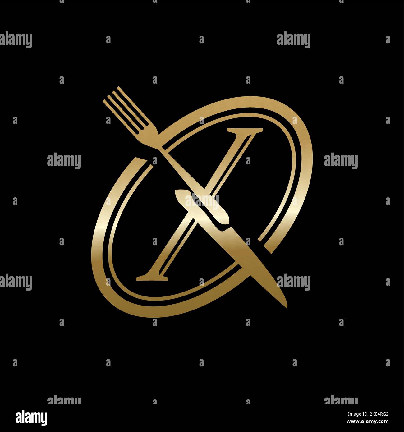 golden x logo formed from fork and knife Stock Vector