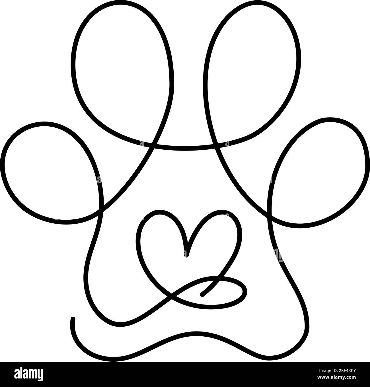 Heart with cat or dog paw cat footprint in continuous one line drawing ...