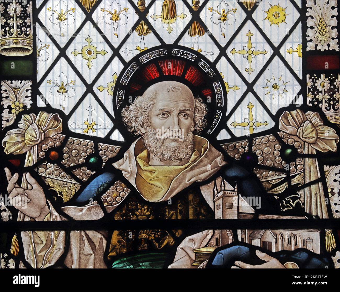 Stained glass window by Percy Bacon depicting St Peter, apostle and martyr, St Peter's Church, Caversham, Berkshire Stock Photo