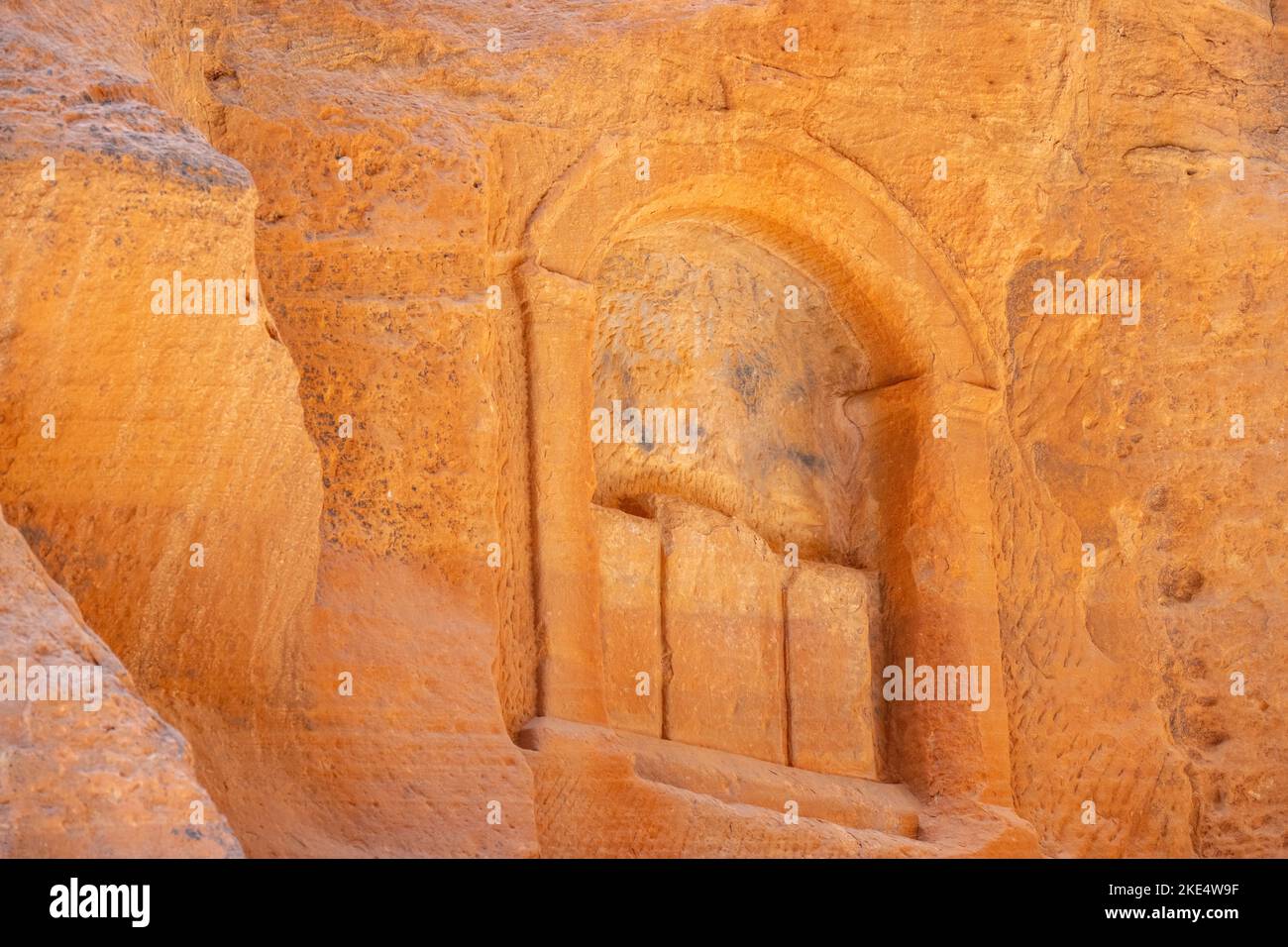 Nabatean rock carved alter in As Siq the entrance to Petra Jordan. Stock Photo