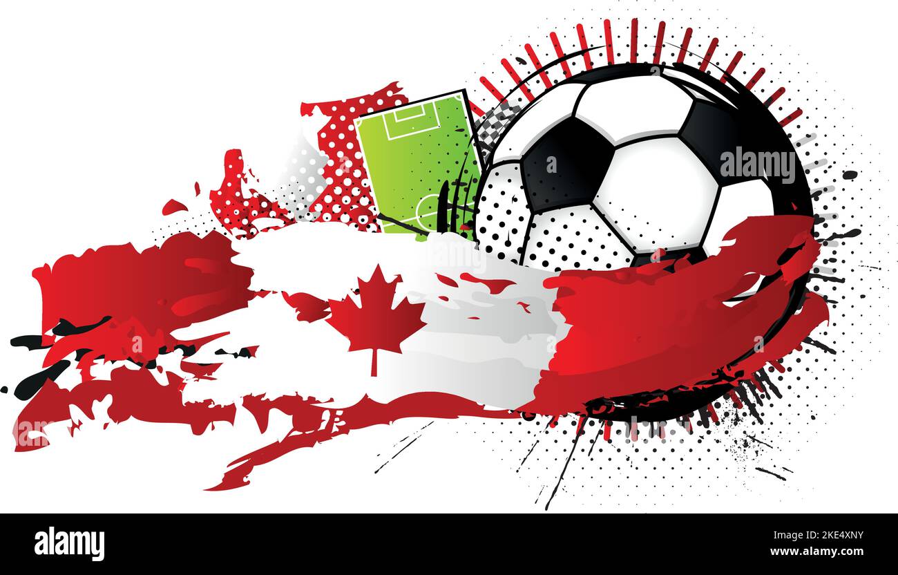 Black and white soccer ball surrounded by red and white spots forming the flag of Canada with a soccer field in the background. Vector image Stock Vector