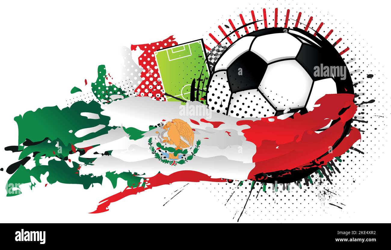 Black and white soccer ball surrounded by red, white and green spots forming the flag of Mexico with a soccer field in the background. Vector image Stock Vector