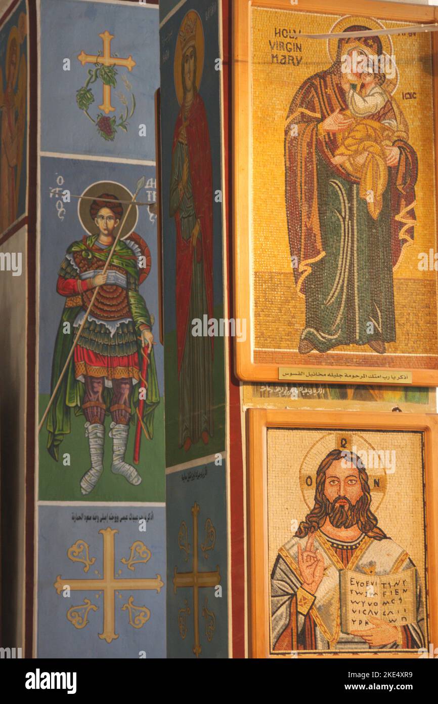Icons in the Byzantine Greek Orthodox Church of St George, Madaba, Jordan Stock Photo