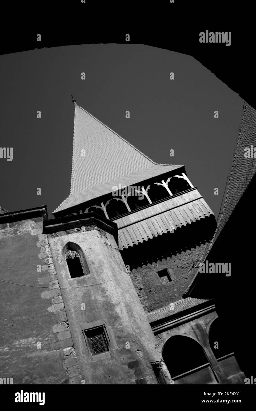 Black and white image of Corvin Castle, Hunedoara, Romania Stock Photo