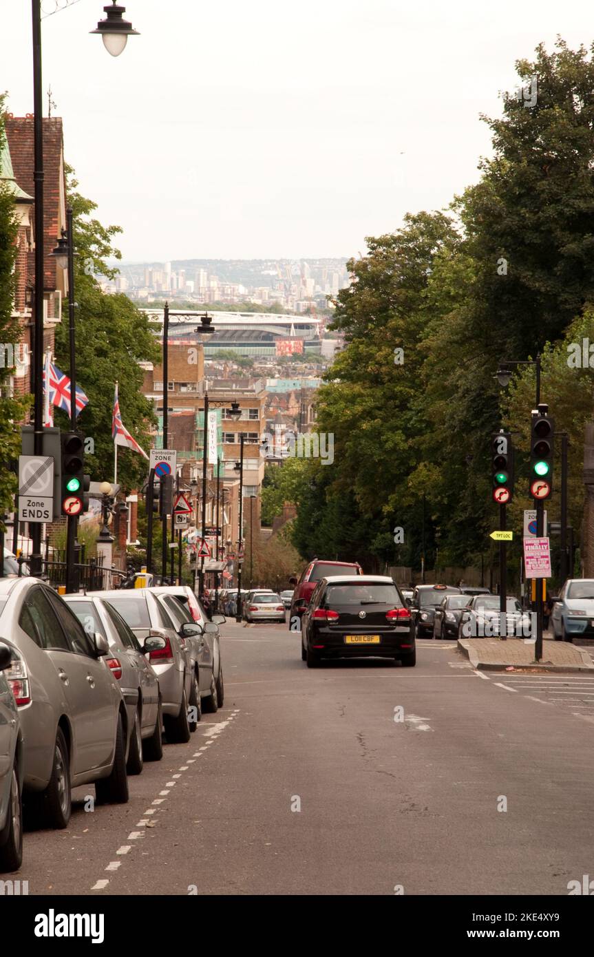 View of Highgate Hill down to the City, Highgate, London, UK. One of