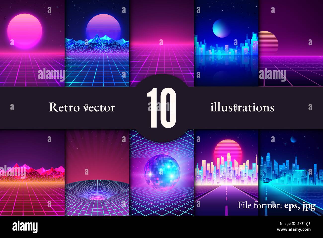 Set of retro futuristic backgrounds. Rave party flyer design template in 80s style. Retro cityscape, mountain landscape sunset skyline illustrations. Stock Vector