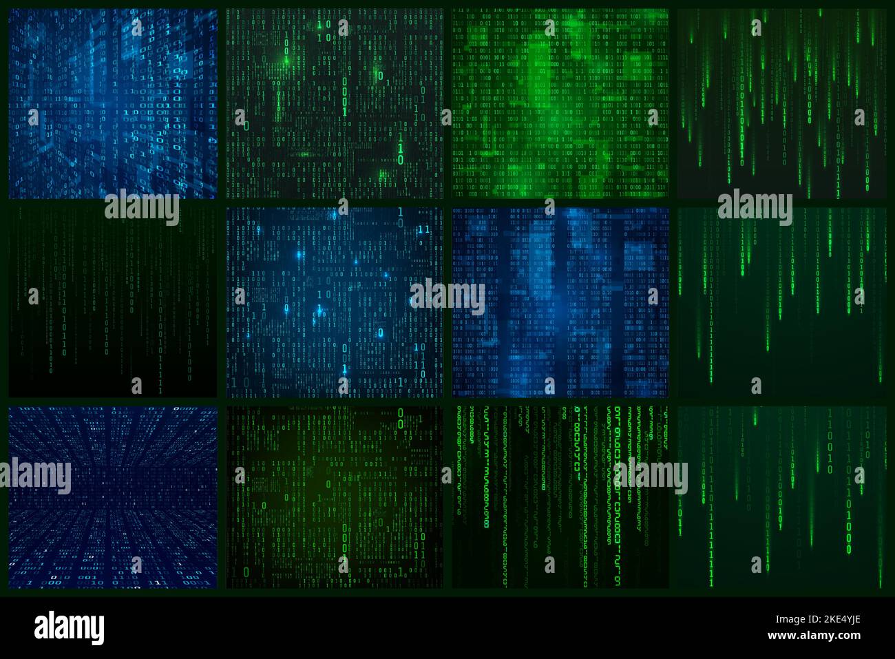 Set of data stream in matrix style. Abstract binary information. Encoded digital data cyber security concept. Sci fi futuristic background. Vector ill Stock Vector