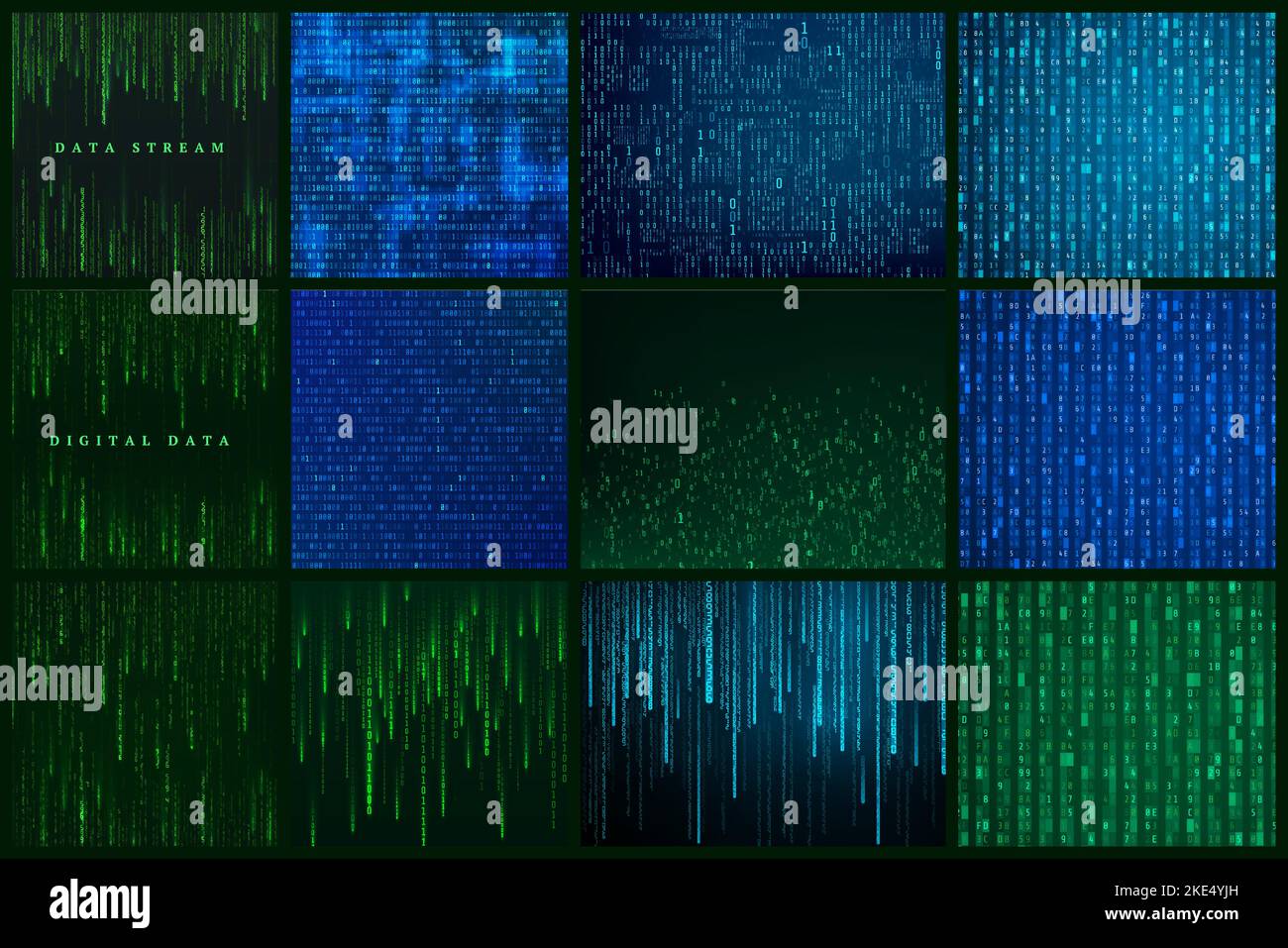 Set of futuristic abstract background. Matrix style sci fi backdrop. Rendom generated binary data stream. Vector illustration Stock Vector