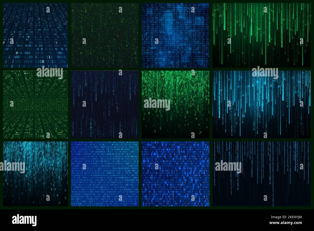 Futuristic abstract background in matrix style. Sci fi backdrop. Random generated binary data stream in green and blue colors. Vector illustration Stock Vector