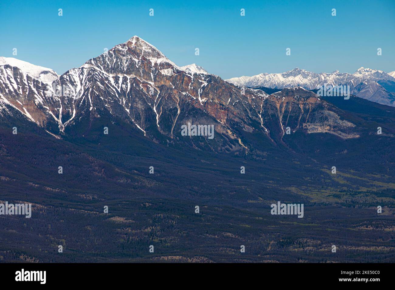 The Whistlers mountain with snow cap peaks and a beautiful landscape below Stock Photo