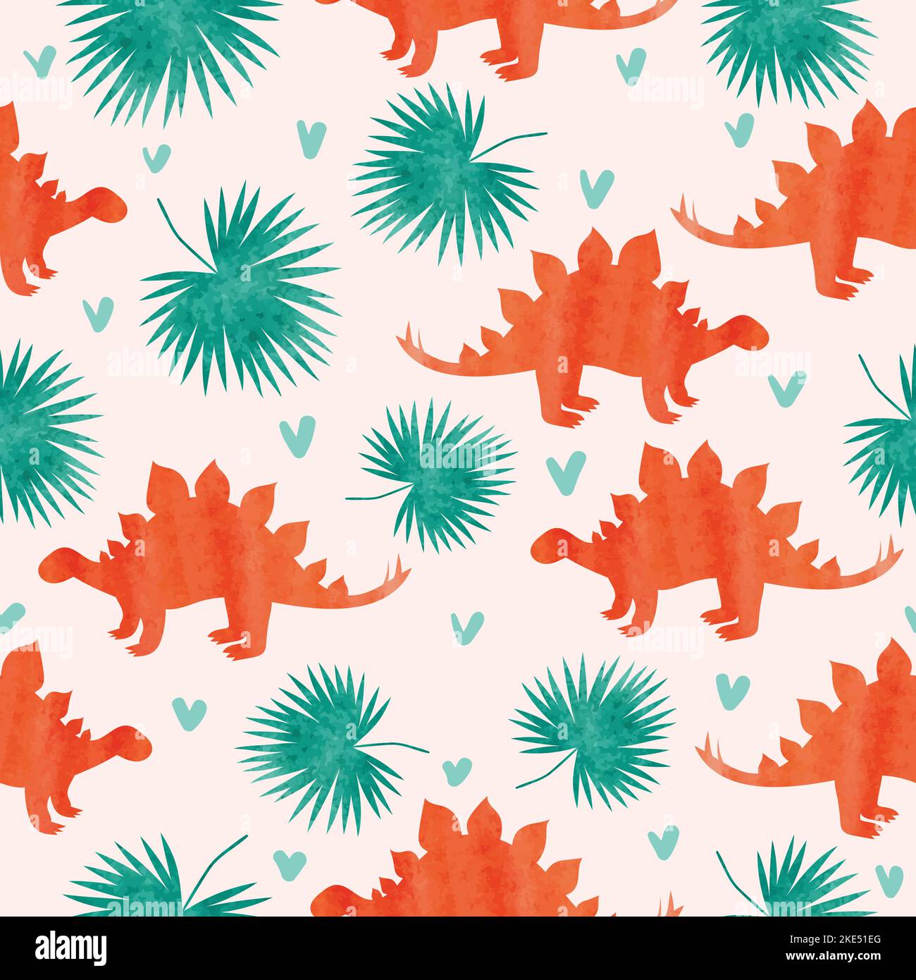 Seamless watercolor pattern with dinosaurs and palm leaves Stock Vector ...