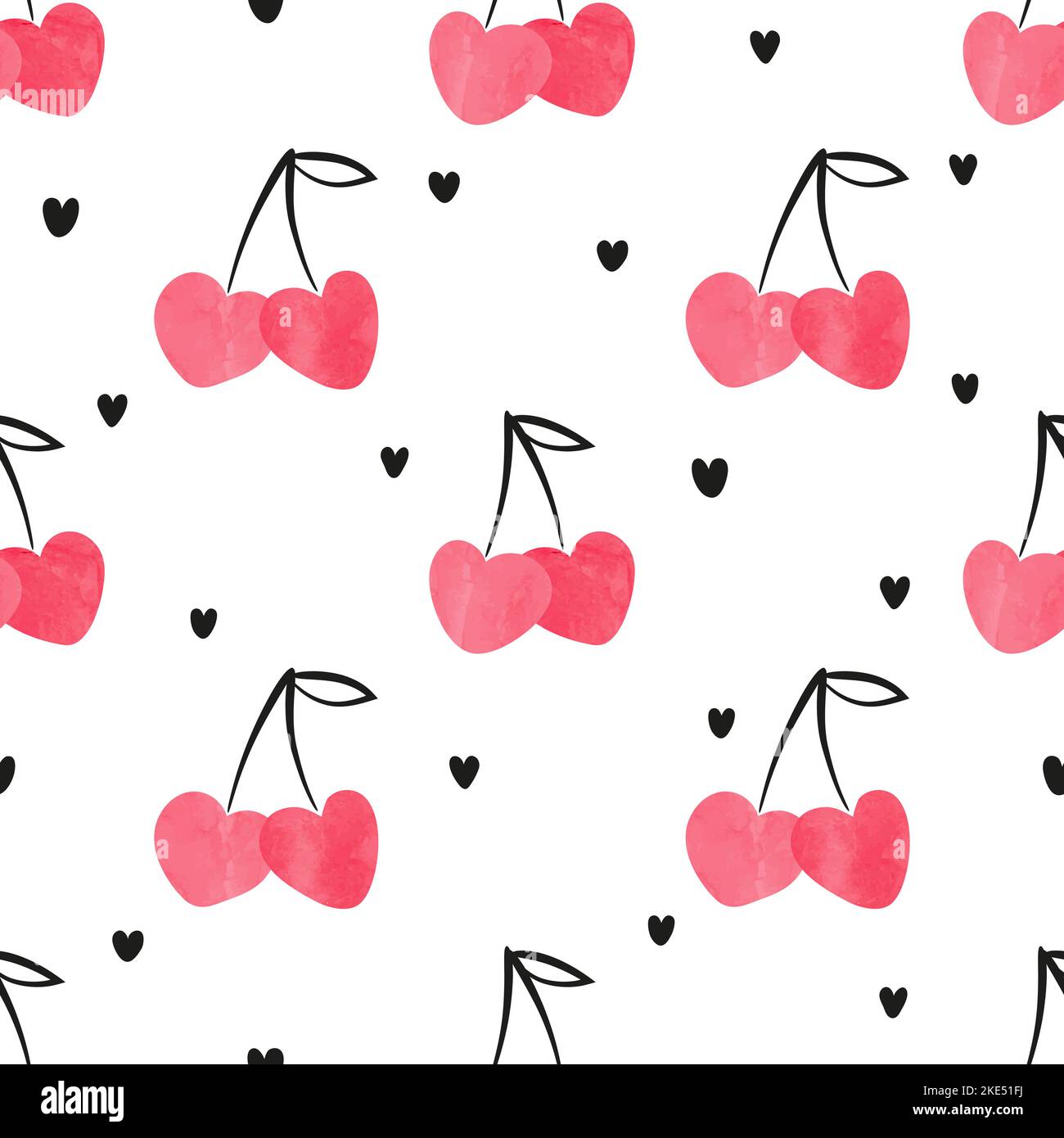 Seamless heart shaped cherry pattern, Valentine day illustration. Stock Vector