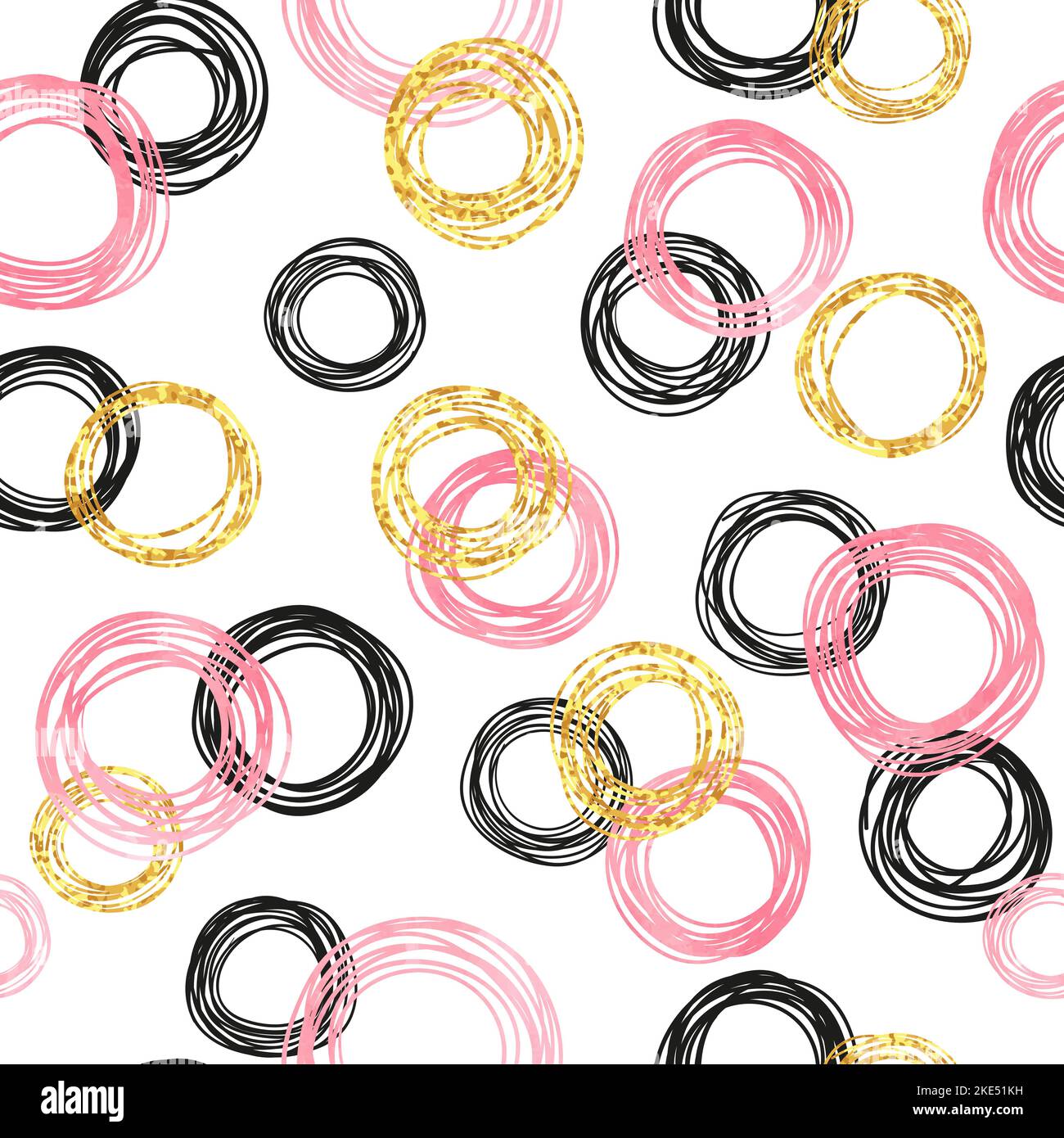 Seamless pattern with pink, black and golden circles. Vector abstract background with doodle round shapes. Stock Vector