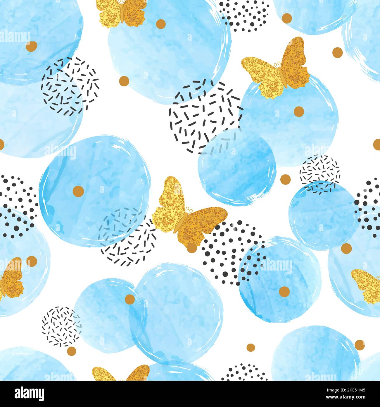 Abstract blue circles pattern with golden butterflies. Stock Vector