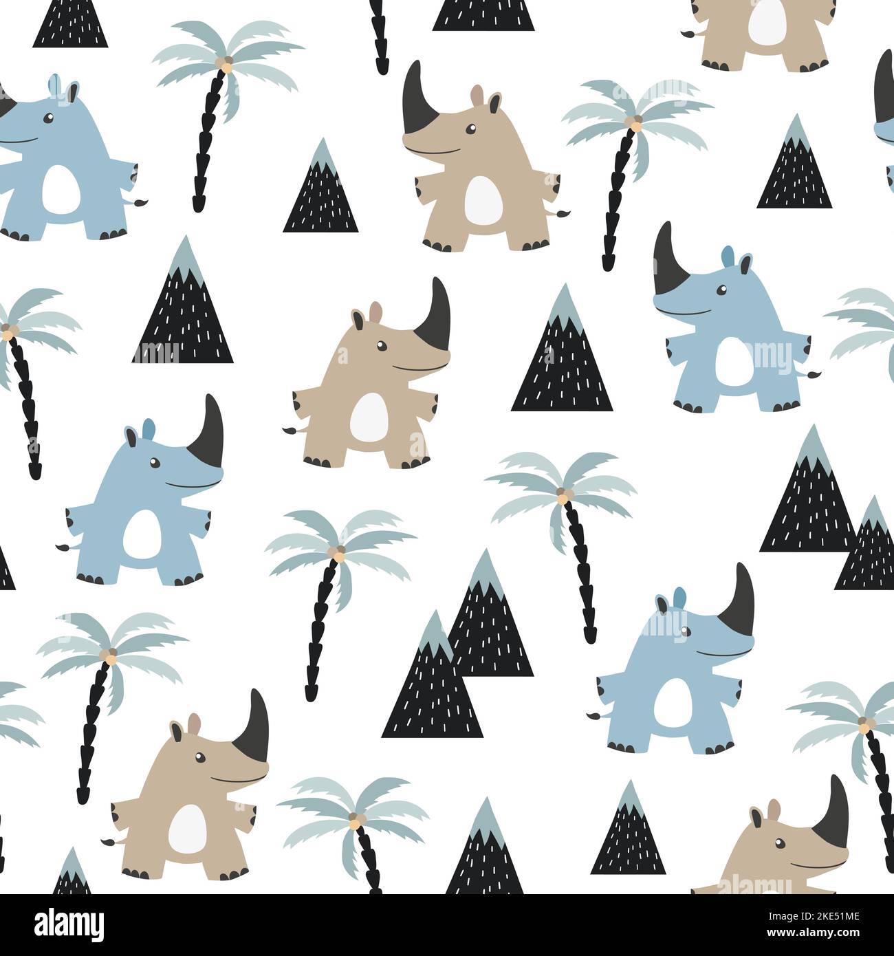Seamless pattern with cute rhino. Vector cartoon rhinoceros background for kids in scandinavian ...