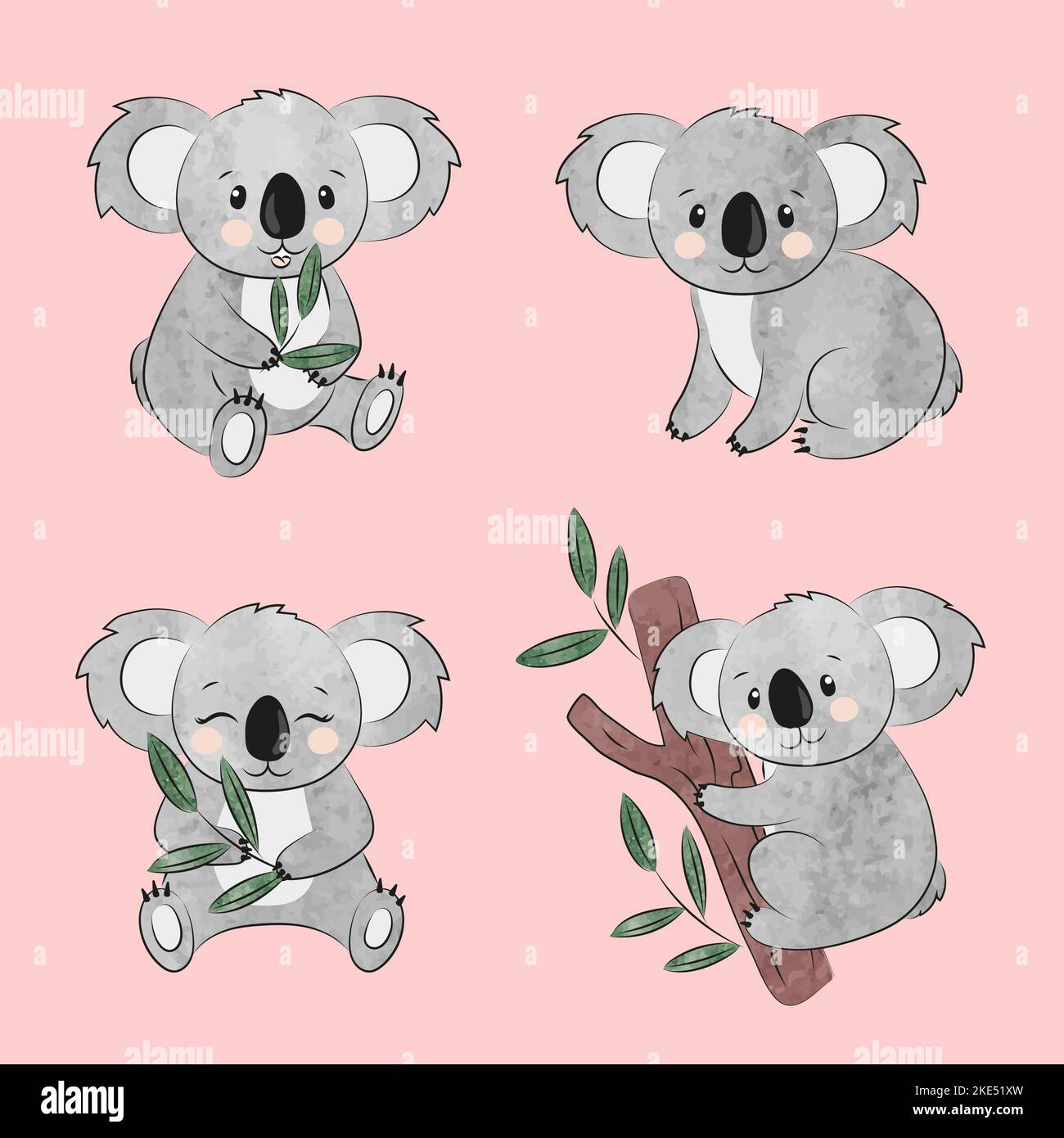 Cute cartoon koala bears set. Vector watercolor illustration for kids