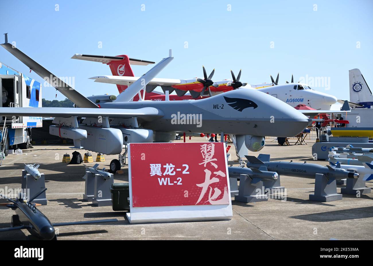 Zhuhai. 9th Nov, 2022. This photo taken on Nov. 9, 2022 shows a WL-2 unmanned aerial vehicle (UAV) displayed at the 14th China International Aviation and Aerospace Exhibition, also known as Airshow China, in the port city of Zhuhai, south China's Guangdong Province. A range of China's homegrown unmanned aerial vehicles (UAVs) and anti-drone system are showcased at the 14th Airshow China. Credit: Deng Hua/Xinhua/Alamy Live News Stock Photo