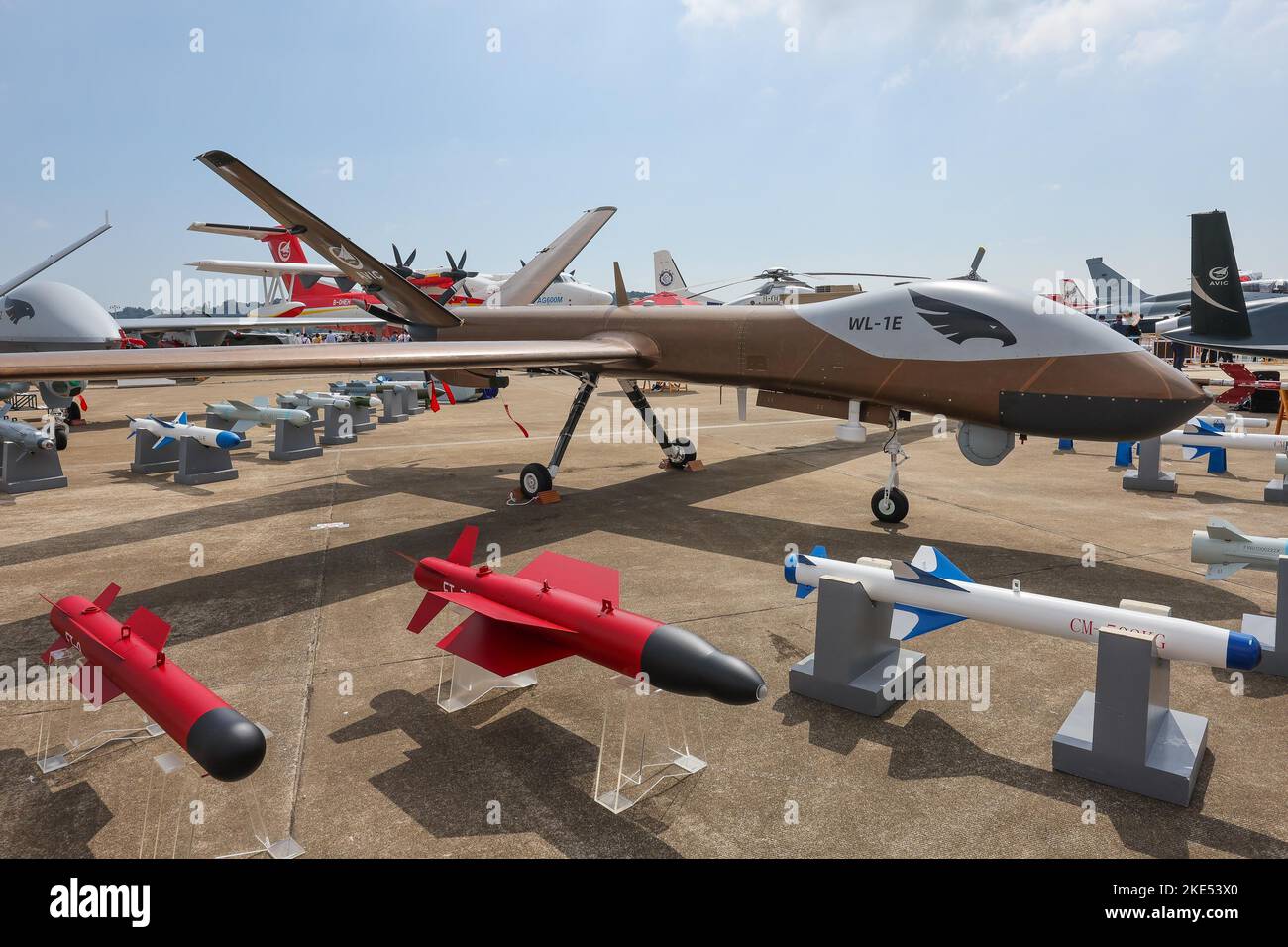 Zhuhai. 9th Nov, 2022. This photo taken on Nov. 9, 2022 shows a WL-1E unmanned aerial vehicle (UAV) displayed at the 14th China International Aviation and Aerospace Exhibition, also known as Airshow China, in the port city of Zhuhai, south China's Guangdong Province. A range of China's homegrown unmanned aerial vehicles (UAVs) and anti-drone system are showcased at the 14th Airshow China. Credit: Liu Dawei/Xinhua/Alamy Live News Stock Photo