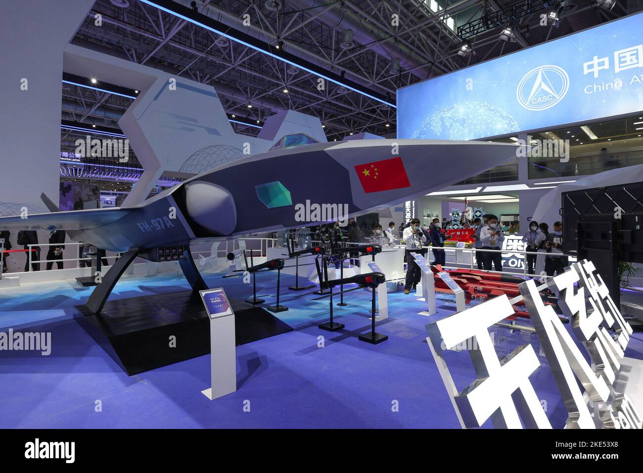 Zhuhai. 8th Nov, 2022. This photo taken on Nov. 8, 2022 shows a FH-97A unmanned aerial vehicle (UAV) displayed at the 14th China International Aviation and Aerospace Exhibition, also known as Airshow China, in the port city of Zhuhai, south China's Guangdong Province. A range of China's homegrown unmanned aerial vehicles (UAVs) and anti-drone system are showcased at the 14th Airshow China. Credit: Liu Dawei/Xinhua/Alamy Live News Stock Photo
