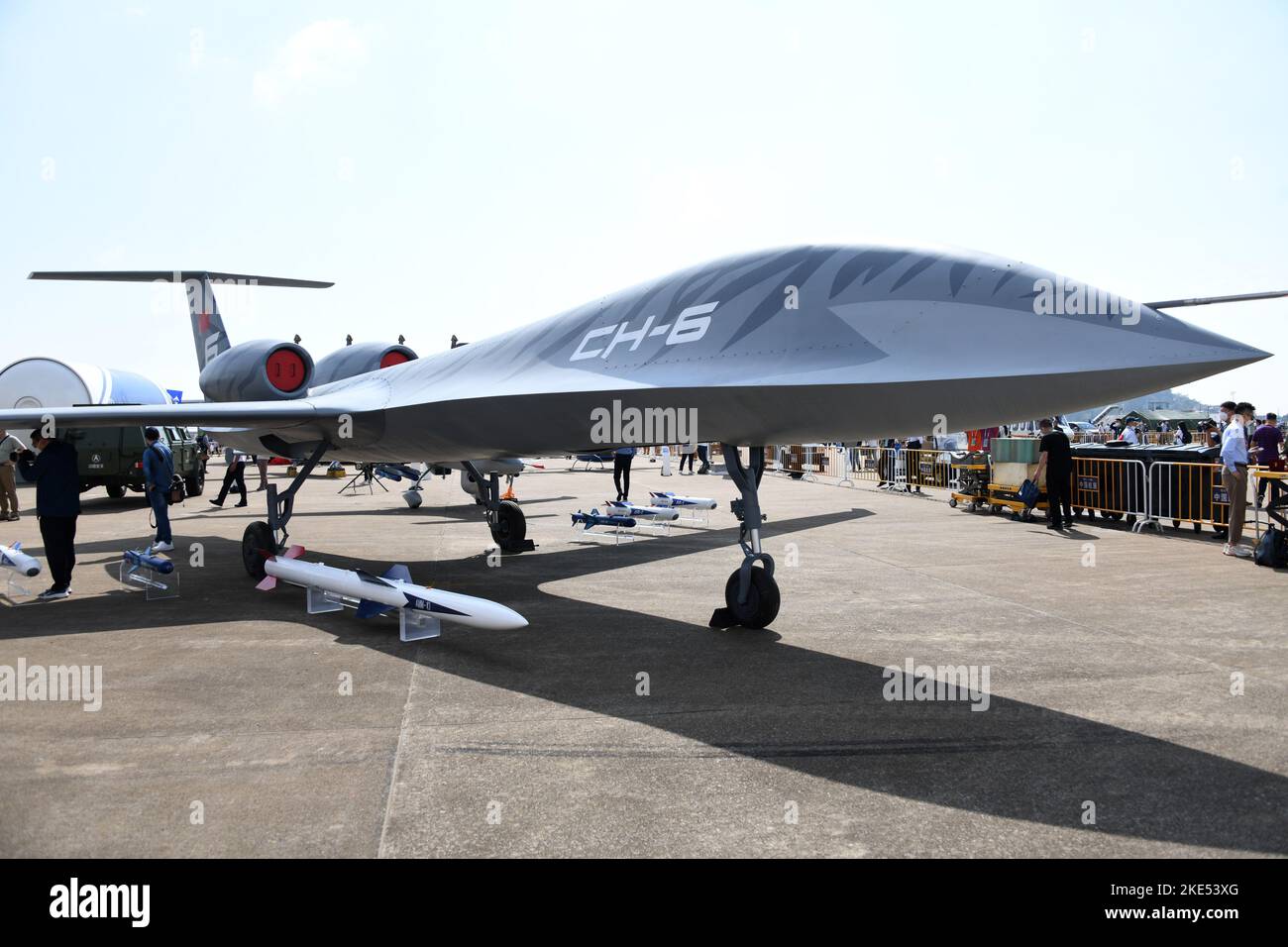 Zhuhai. 10th Nov, 2022. This photo taken on Nov. 10, 2022 shows a CH-6 unmanned aerial vehicle (UAV) displayed at the 14th China International Aviation and Aerospace Exhibition, also known as Airshow China, in the port city of Zhuhai, south China's Guangdong Province. A range of China's homegrown unmanned aerial vehicles (UAVs) and anti-drone system are showcased at the 14th Airshow China. Credit: Lu Hanxin/Xinhua/Alamy Live News Stock Photo